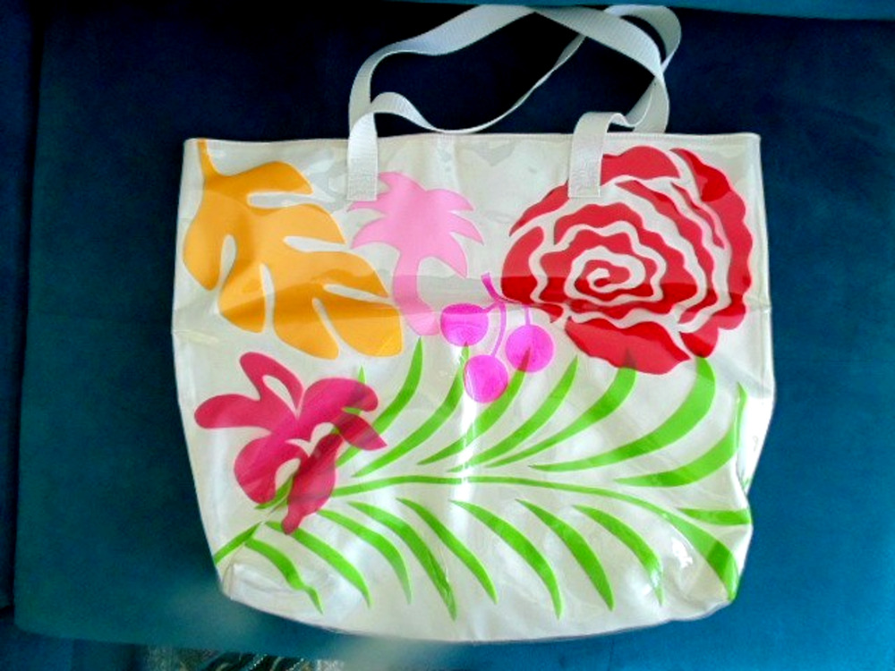 Vtg 80s Vinyl PVC Plastic “No Excuses” Beach Bag Tote Color Pop Tropical Print